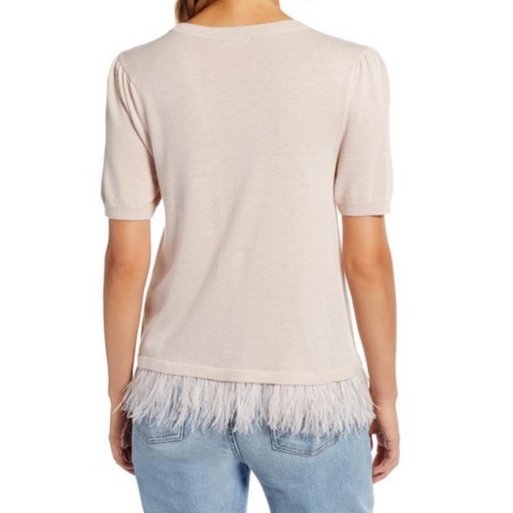 Halogen Short Sleeve Ostrich Feather Hem Sweater Light Baby Pink Size S - Picture 2 of 9